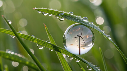 Dew droplet reflects wind turbine landscape climate change energy transition hope in nature morning light