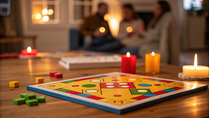 Family time game night fun cozy living room board game with candles and friends laughing together