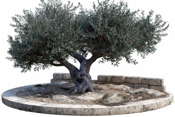 An ancient olive tree stands on a circular stone base, showcasing its twisted trunk and lush foliage, set against a neutral background.
