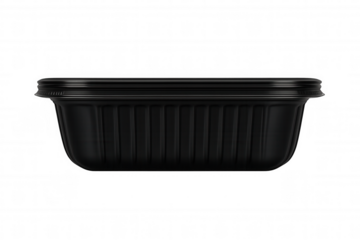 Black ribbed plastic food container with lid, ideal for takeaway meals, lunch delivery, and food packaging. Transparent background