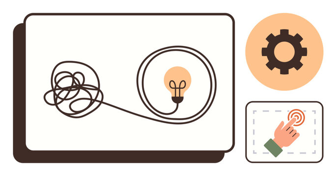 Tangled line turning into lightbulb, symbolizing solution to complexity, with gear for process and hand gesture for interaction. Ideal for innovation, creativity, workflow, strategy, teamwork