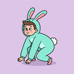 Person in light blue bunny costume crouching playfully with ears and tail, on purple background.