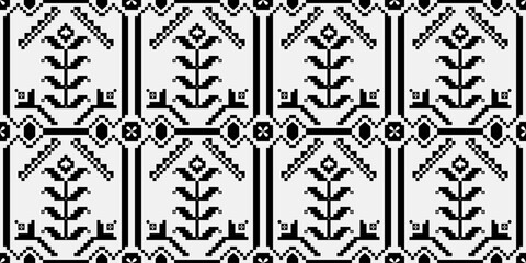 Black flower geometric pattern with bold frame on soft gray background. Ethnic pattern seamless. Abstract floral, motif, vintage, elegant, pixel-art for textiles, fabric texture, wallpaper, print.