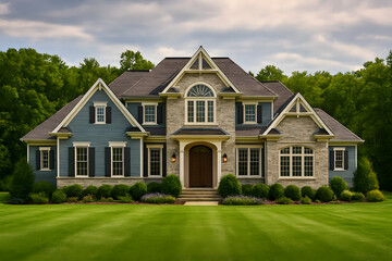 Large Blue and Beige Suburban House with Green Lawn and Trees