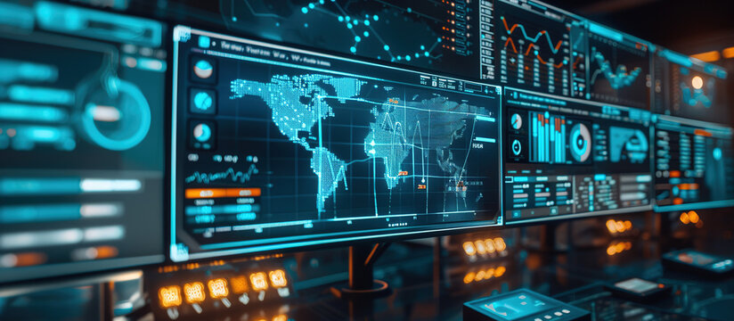 Data analysis interface: A network of monitors displays an intricate interface, full of data visualization, charts, and the globe, symbolizing the complexity of information, technology, and research.