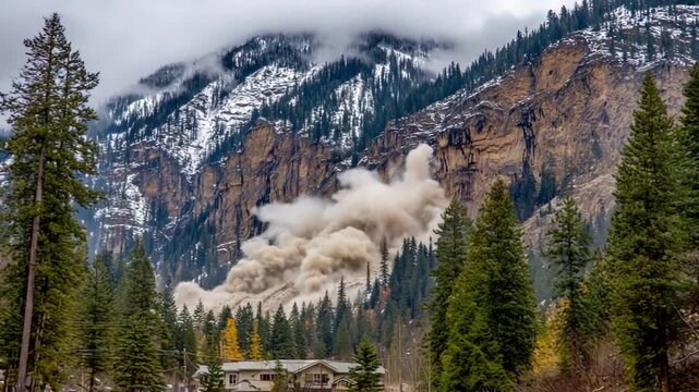 Majestic Mountain Avalanche of Dust and Rock Plunges Down Snowy Slopes.