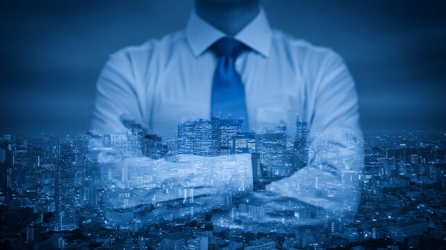 A visionary leader merging with the city skyline embodies business growth and success