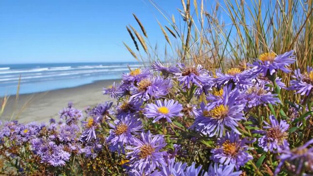 Blooming Beach Asters Swaying Gently with Ocean Waves Under Clear Blue Skies.