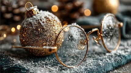 Christmas ornaments and glasses covered in snow on a textured surface.