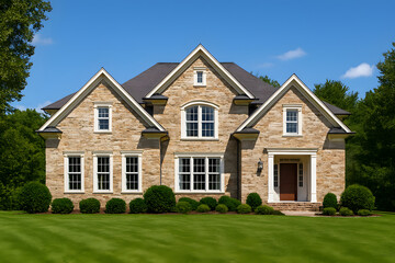Luxury Suburban Home Exterior with Stone Facade and Green Lawn