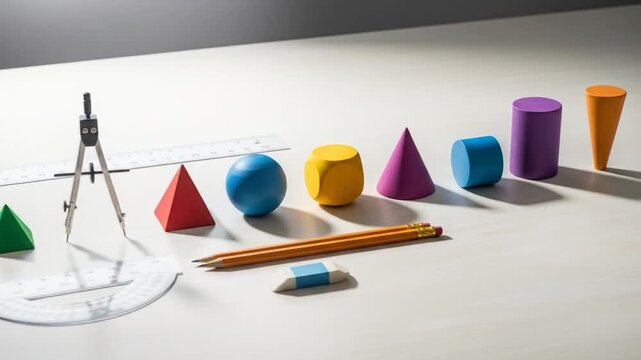 Geometry elements still life with ruler compass and colorful shapes