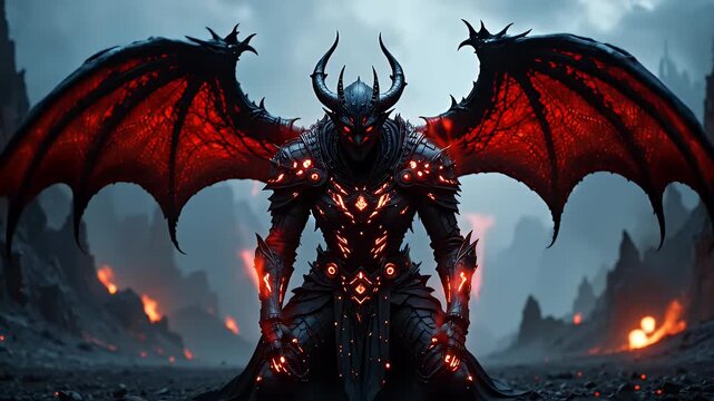 An epic fantasy demon lord with glowing red armor and massive wings in a fiery, hellish landscape