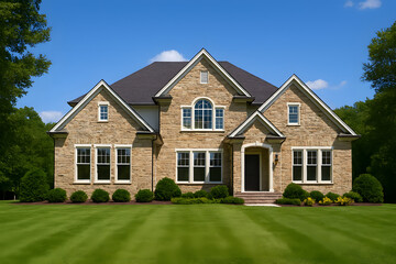 Large Brick House with Lawn and Blue Sky