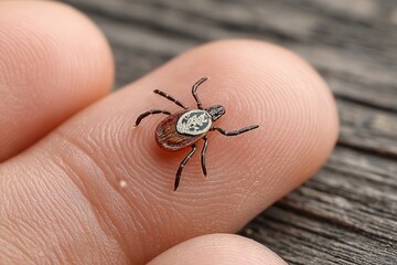 Close-up realistic photo of a tick on human skin in natural daylight showing medical risk of bite with sharp photorealistic detail.