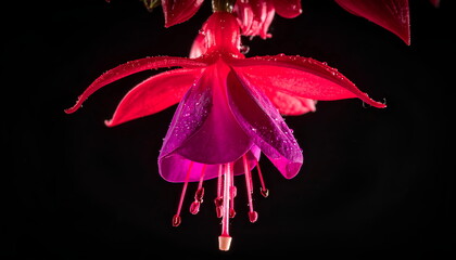 Vibrant Red And Purple Fuchsia Flower With Water Droplets On A Dark Background