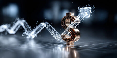 Golden dollar symbol with digital arrow indicating growth, set against futuristic financial graph background. image conveys sense of economic progress and technological advancement