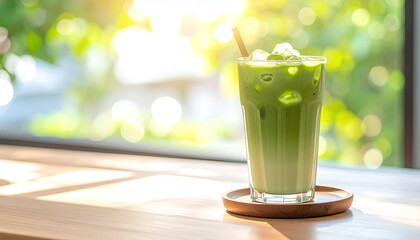 Iced Matcha Latte In Sunlight By Window With Green Bokeh Background