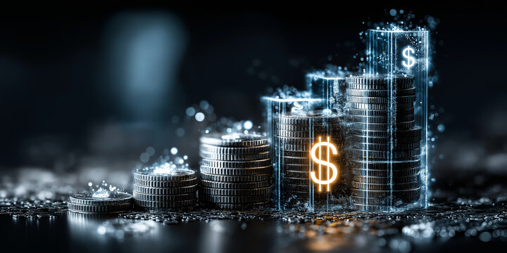 Stacks of coins glow with digital effects, symbolizing financial growth and technology. coins are arranged in ascending order, with neon dollar signs highlighting concept of wealth and investment
