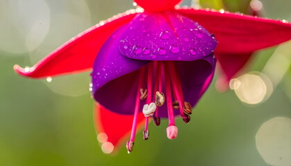 Close Up Of Vibrant Red And Purple Fuchsia Flower Covered In Sparkling Water Droplets