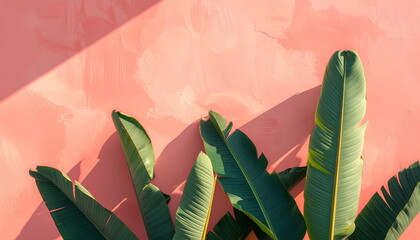 Tropical Green Leaves On Pink Wall With Sunlight And Shadows
