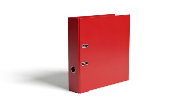 A red binder stands upright on a white surface casting a subtle shadow The binder has metallic rings visible on its spine and a finger pull hole at the bottom