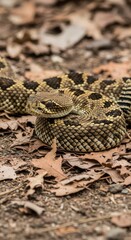 Fototapeta premium Camouflaged Timber Rattlesnake coiled amidst fallen leaves, natures artistry.