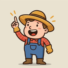 Smiling farmer in straw hat and plaid shirt points upward with glowing finger, on beige background.