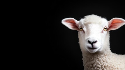 Fototapeta premium Beautiful white sheep isolated against a black background, soft fur and expressive eyes highlighted by subtle light