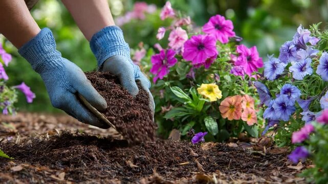 Gardening Glory: A pair of gloved hands carefully tends to a vibrant flowerbed. With a gentle touch, they nurture the soil, ensuring the blooms thrive in their full colorful glory.