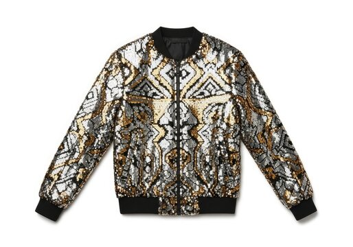 A sequined bomber jacket featuring an elaborate gold silver and black geometric pattern with black ribbed cuffs collar and hem and a black zipper displayed flat on a white surface