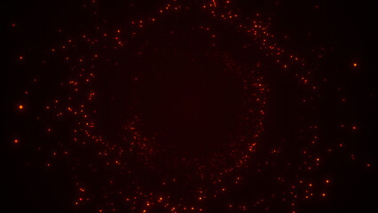 Red glowing particles in circular motion on black background.