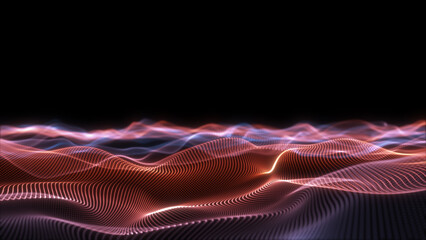 Flowing red and blue glowing lines creating dynamic digital landscape.