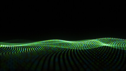 Glowing green wave surface with flowing dots on dark background.