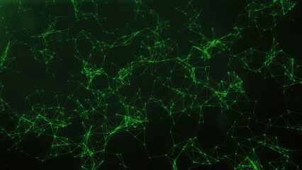 Green digital plexus network with glowing connections on dark background.