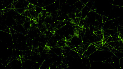 Green connected dots and lines forming digital plexus pattern on black background.