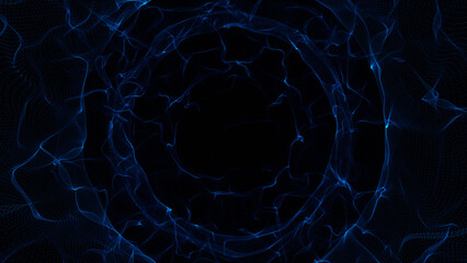 Blue glowing particles forming circular waves on dark background.