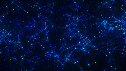 Blue digital plexus network with connected points and lines on dark background.