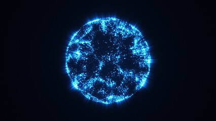 Bright blue particles forming glowing energy sphere on dark background.