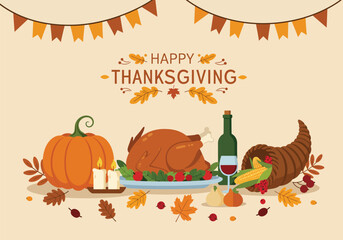 Happy Thanksgiving feast illustration with roasted turkey, pumpkin, cornucopia, wine, and autumn leaves.