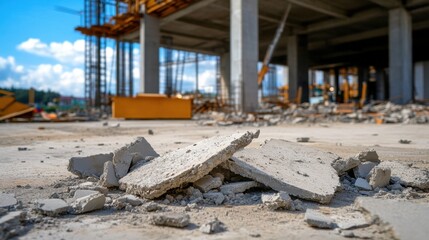 Broken concrete pieces scattered across a deserted construction zone with damaged framework