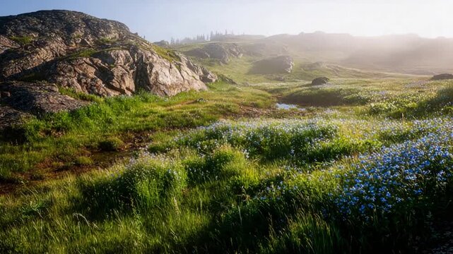 Serene Mountain Meadow Abloom with Blue Wildflowers Under Soft Sunlight.