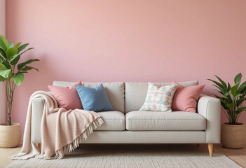 Cozy sofa with cushions and blanket near pink wall. Front view. 3d rendering.