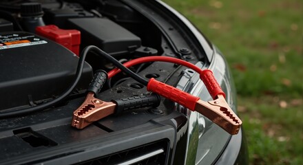 Close-up of jumper cables on a car engine bay. Jump starting a vehicle with a dead battery. Automotive maintenance and roadside assistance concept