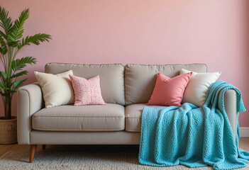 Cozy sofa with cushions and blanket near pink wall. Front view. 3d rendering.