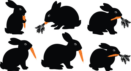 Black rabbit silhouettes holding carrots, playful bunny illustration, animal vector design, cute Easter theme, wildlife art, carrot pattern background