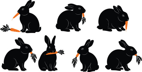 Black rabbit silhouettes holding carrots, cute bunny illustration, animal clipart, Easter design, wildlife art, farm pet vector, carrot graphic