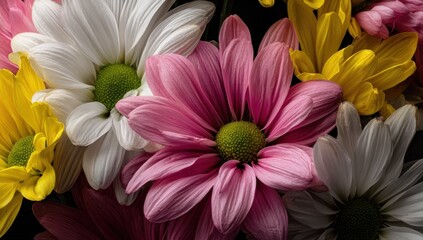 Close-up of vibrant, colorful chrysanthemums in white, pink, and yellow, against black