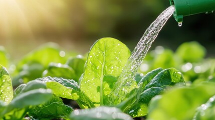 Close-up of drip irrigation tubing watering lush vegetable plants in bright sunlight, efficient watering system