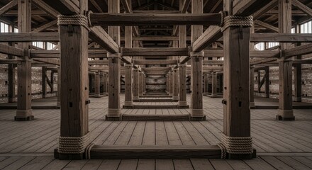Fototapeta premium Massive wooden interior, symmetrical beams