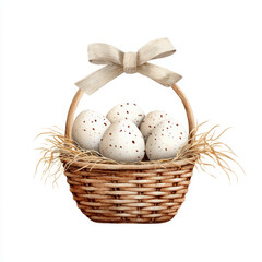 Wicker basket speckled egg straw rustic watercolor bow natural decoration farm spring Wicker basket with speckled eggs and straw decorated with bow rustic watercolor style natural and charming